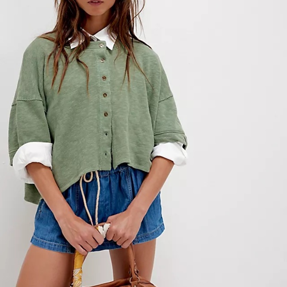 Free People Olive Green Cropped Button-Up Top
